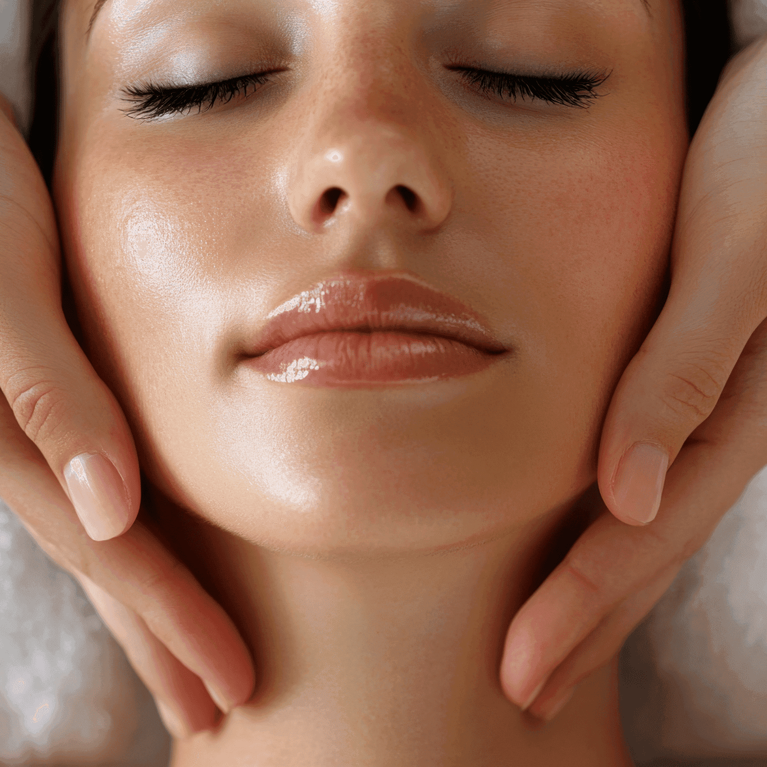 Facial massage in progress, hands gently cradling a relaxed woman's face.